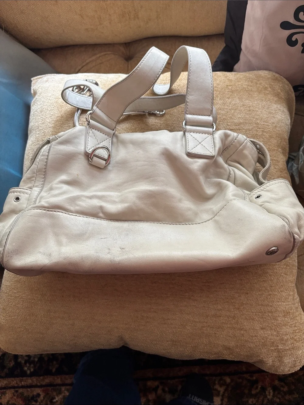 Michael Kors Light Cream Leather Shoulder Satchel with MK Charm and Factory Bag